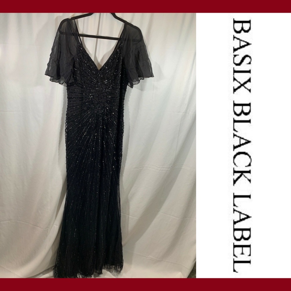 NEW $795 Basix Black Label Black‎ Embellished Floral Sheath Dress [ SZ 8 ]